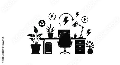 eco friendly office workspace with plants and energy saving symbols