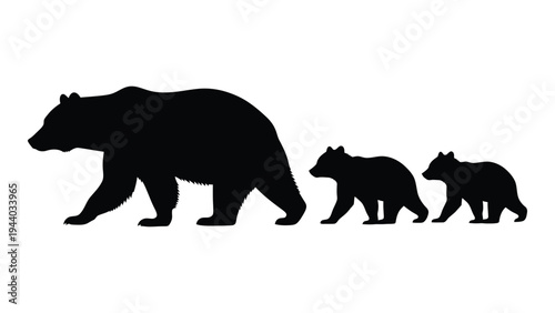 A family of bears walking in a line, a mother bear and her two cubs, a heartwarming scene of wildlife and nature, a beautiful illustration of a bear family