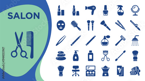 Salon beauty tools include scissors, comb, makeup brushes, and hair styling.