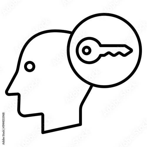 Mind Key Icon. Human Head with Key Symbol, Access and Security Thinking Concept