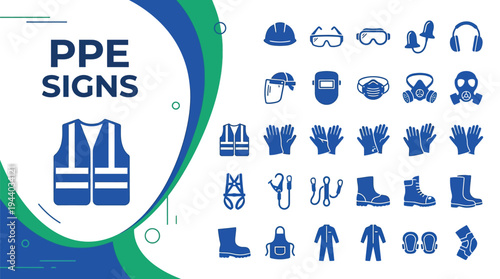 Personal protective equipment signs illustrate various safety gear icons for.