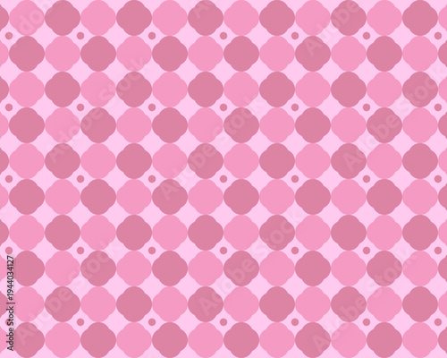 ピンクのグラデーションが可愛い花柄のシームレスな背景パターン。四葉のクローバーのような幾何学模様とドットを組み合わせた、フェミニンで華やかなデザイン。春のセール、バレンタイン、母の日、ギフトラッピングやバナー背景に最適なベクターイラスト素材。