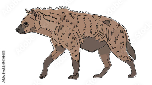 Hyena in the Wilderness: A solitary hyena with a distinctive spotted coat and alert gaze walks gracefully against a plain backdrop. The scene suggests a journey through the untamed wild.
