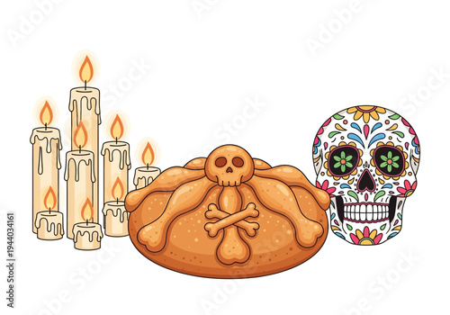 Dia de Muertos celebration with Pan de Muerto, candles, and sugar skull illustration
