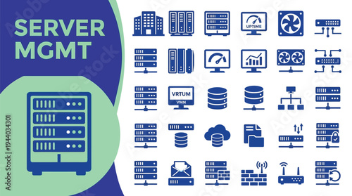 Server management icons depict data center operations and network.