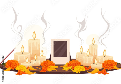 Day of the Dead altar with candles, marigolds, and photo frame with smoke