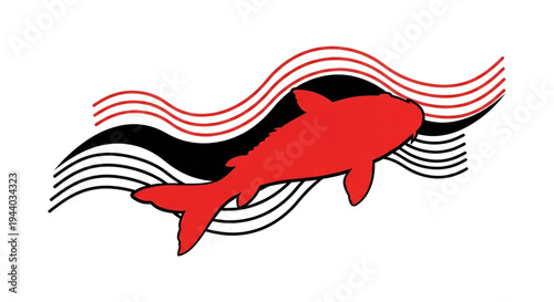 Red koi fish silhouette swimming against stylized waves graphic art