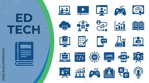 Educational technology icons represent digital learning tools and academic.