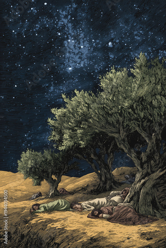 Apostles Sleeping in Gethsemane beneath ancient olive grove unaware of coming arrest during silent Holy Thursday night