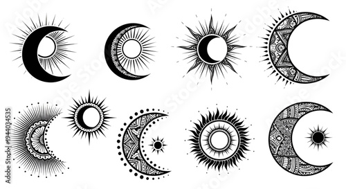 Set of celestial moon and sun symbols for spiritual mystic ornaments