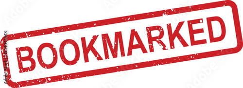 A vibrant red rubber stamp with textured edges displays the word BOOKMARKED in bold capital letters