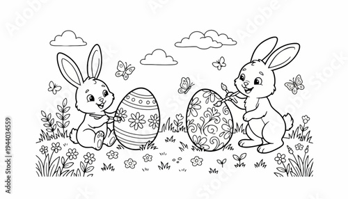 Two bunnies decorate Easter eggs in a colorful garden outdoors