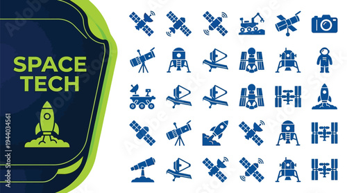 Space tech icons depict rockets, satellites, and astronaut exploration.