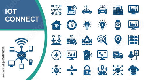Internet of Things connectivity icons show device networking and smart.