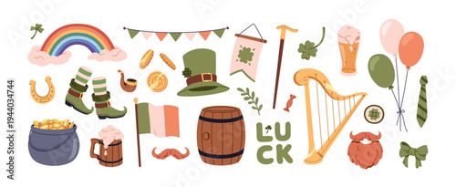 St. Patrick day props set. Irish holiday symbols. Green shamrock leaf, beer, harp, hat and shoes, rainbow, luck horseshoe for Ireland Patrick's. Flat vector illustrations isolated on white background