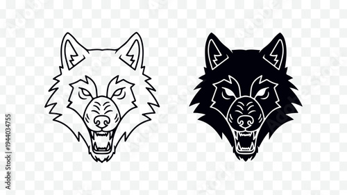 Fierce wolf head icons in contrasting black and white isolated on Transparent Background