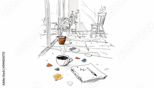 A messy room with a cup of coffee, scattered papers, and a notebook on the floor with a chair and plant visible.