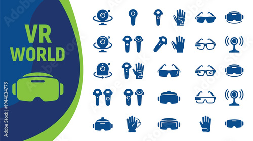 VR world icons show immersive virtual reality headsets, controllers,.