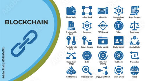 Blockchain concept icons display digital assets, cryptocurrency, and secure.