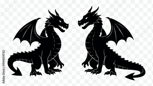 Mythical creatures face to face, dragon silhouettes for design isolated on Transparent Background