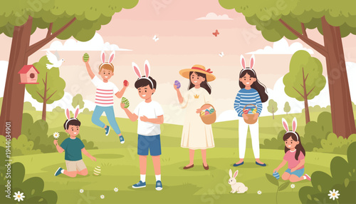 Children wearing bunny ears play outside in a park with trees and flowers on a sunny day with friends