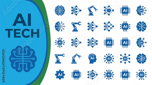 Artificial intelligence technology icons depict robotics, neural networks.