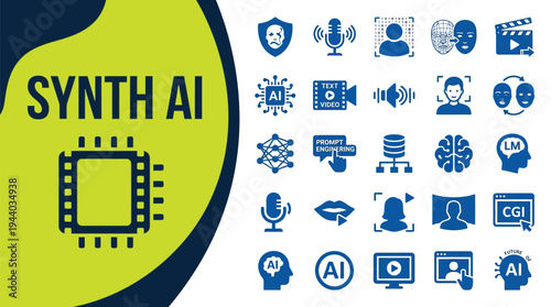 Synthetic artificial intelligence icons represent digital creation and face.