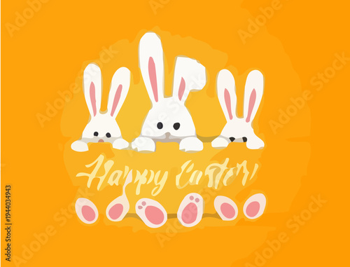 Three white cartoon bunnies peek from behind a Happy Easter sign with eggs on orange