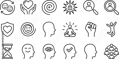 Mental Health and Well-being Icons in Black Outline psychology mindfulness