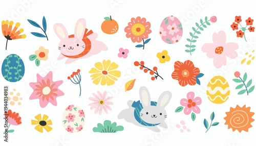 Easter bunnies surrounded by colorful flowers and eggs in a festive scene
