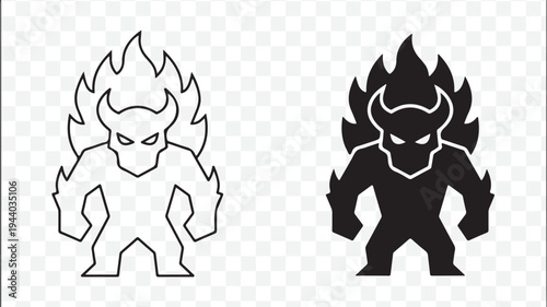 Fiery monster icon with sharp horns and flames, evil creature symbol isolated on Transparent Background