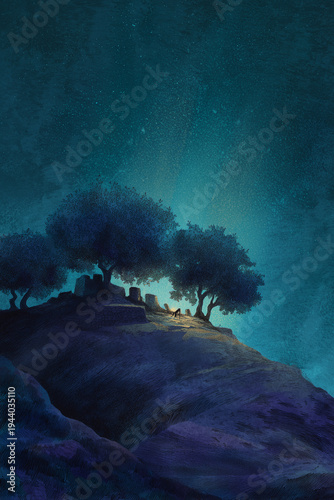Mount of Olives of Gethsemane glowing beneath starlit heavens where Jesus prayed in solitude during Holy Thursday night