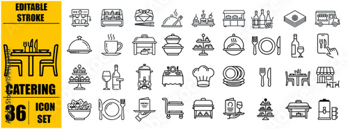 Catering icon set. Containing food service, event planning, dish, table setting, delivery, buffet, fine dining, waiter, tray, food cart, chef and more. Editable line icons. Vector illustration