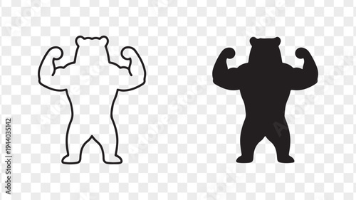 Strong bear flexing muscles outline and solid icon set isolated on Transparent Background
