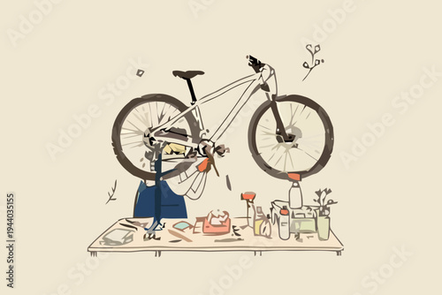 A woman repairs a bicycle on a table surrounded by food and drinks