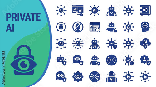 Private AI security icons show data protection and visual surveillance.