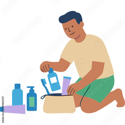 Man packing toiletries into a travel bag on the floor