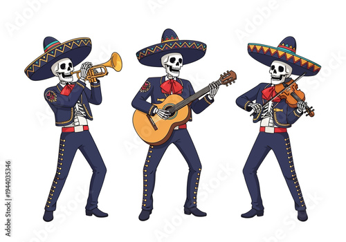 Skeleton mariachi band playing music on white background - illustration