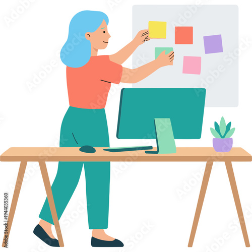 Woman placing colorful sticky notes on a board near her office desk
