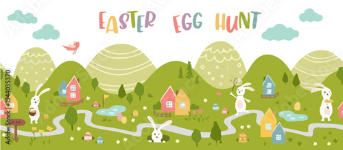 Colorful Easter egg hunt scene with bunnies and houses in a green landscape