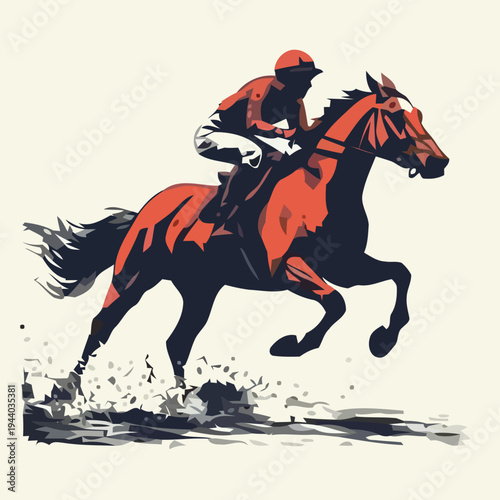 A jockey rides a horse rapidly through a muddy track with water splashing
