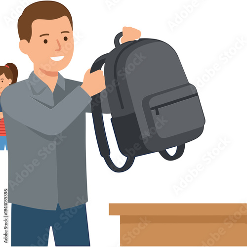 Man holding a backpack standing next to a table with a student