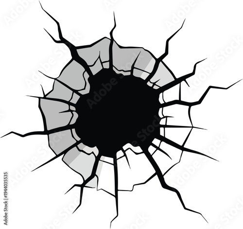 Cracked hole on white background, representing a breach or damage with sharp, irregular edges radiating outwards