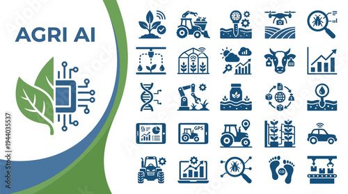 Agricultural artificial intelligence icons illustrate smart farming.