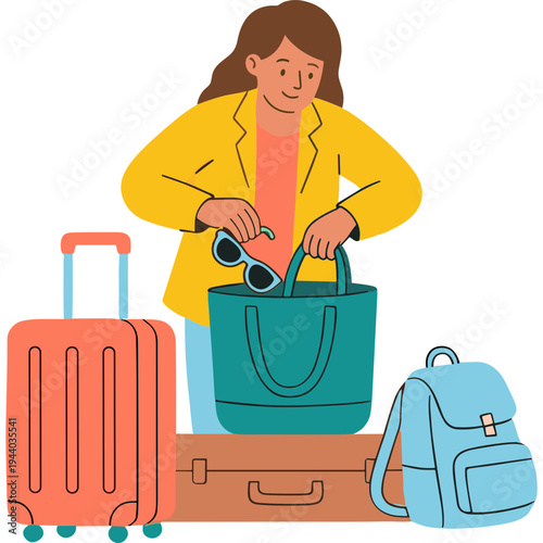 Woman packing luggage with suitcase and bags for travel