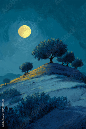 Mount of Olives of Gethsemane under bright full moon shining above ancient olive trees during solemn Holy Thursday