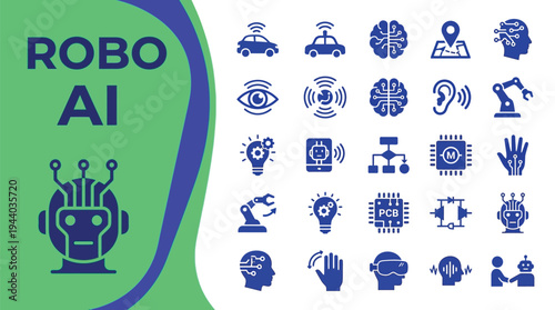 Robo AI icons represent automation, robotics, brain processing,.