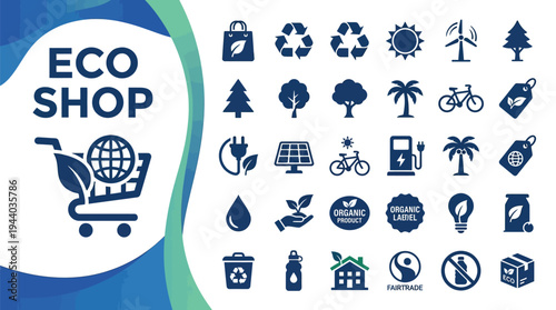 Eco Shop icons represent sustainable commerce featuring recycling, nature.