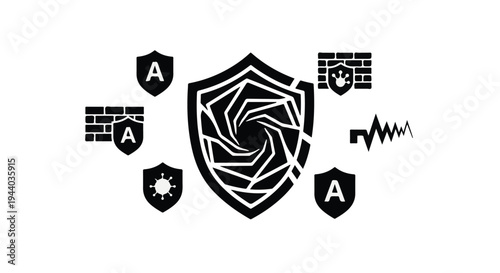 cybersecurity shield with protection icons vector illustration