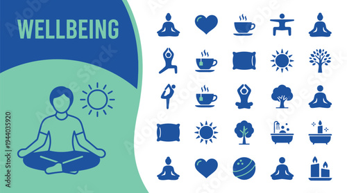 Wellbeing concept features a meditating figure surrounded by self-care.